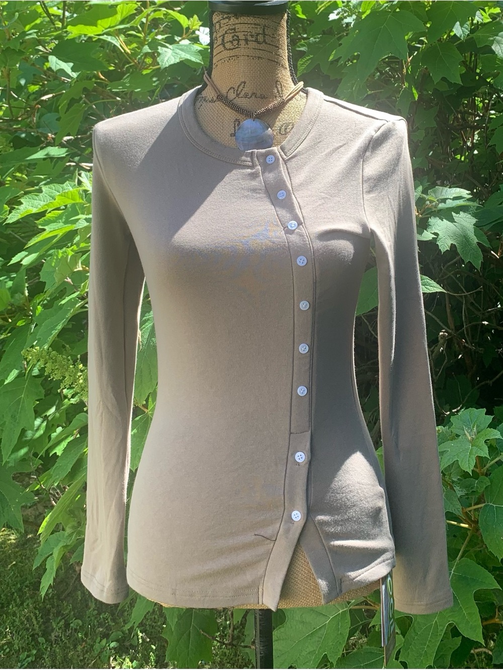 OGL ladies NWT sand/taupe color viscose blend asymmetrical 9 button tunic